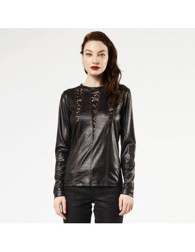 T-SHIRT EFFETTO PELLE C/BORCHIE E PIZZO