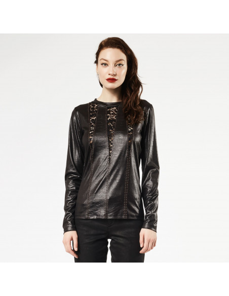 T-SHIRT EFFETTO PELLE C/BORCHIE E PIZZO