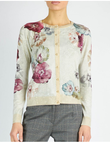 ANEMONE-PRINTED, EMBROIDERED CREW-NECK KNIT JACKET