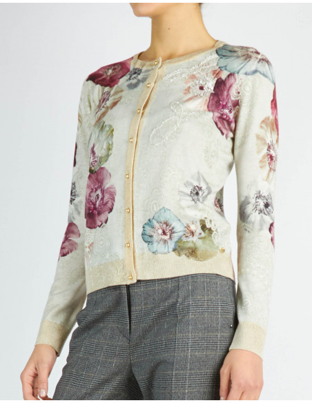 PULL TRICOTE' RAS-DU-COU IMPRIME' ANEMONE ET BRODE'