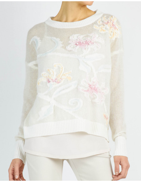 EMBROIDERED, INTARSIA BOAT NECK JUMPER