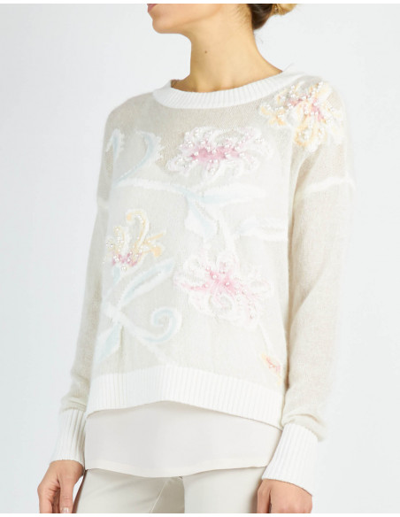 PULL MARQUETERIE COL BATEAU BRODE'