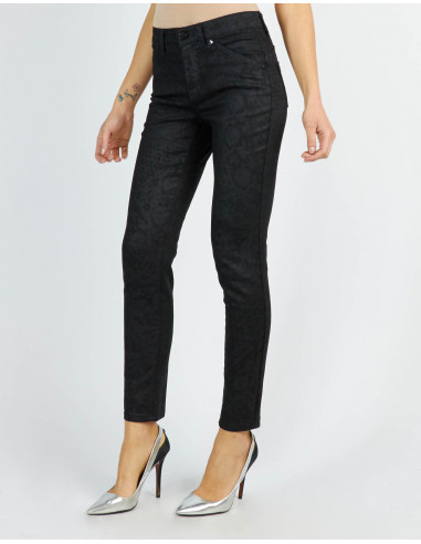 HIGH-WAISTED, LACE-PRINTED, LAMINATED SKINNY JEANS