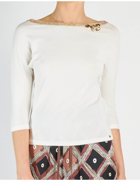 T-SHIRT MANCHES TROIS QUARTS BRODE' ET AVEC COU EN LUREX