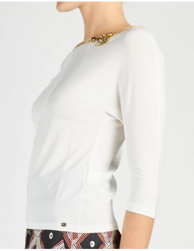 T-SHIRT MANCHES TROIS QUARTS BRODE' ET AVEC COU...