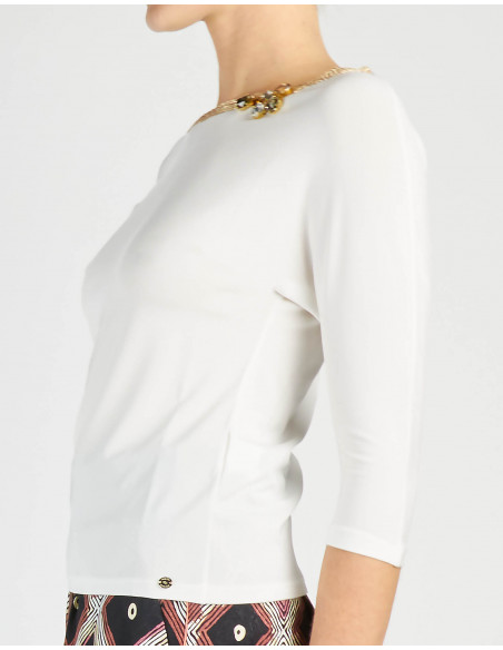 T-SHIRT MANCHES TROIS QUARTS BRODE' ET AVEC COU EN LUREX