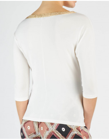 T-SHIRT MANCHES TROIS QUARTS BRODE' ET AVEC COU...
