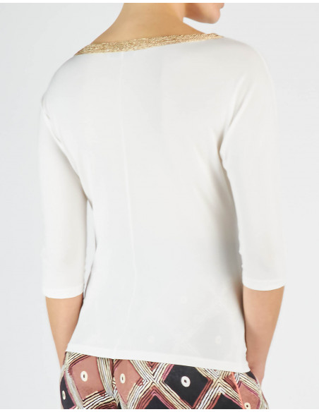 EMBROIDERED THREE QUARTER-SLEEVED T-SHIRT WITH LUREX COLLAR
