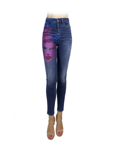 JEANS SKINNY VITA ALTA CON VISI DIPINTI E APPLICAZIONI