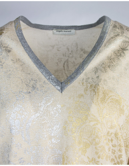 LAMINATE-BROCADE - PRINTED V-NECK JUMPER IN LUREX